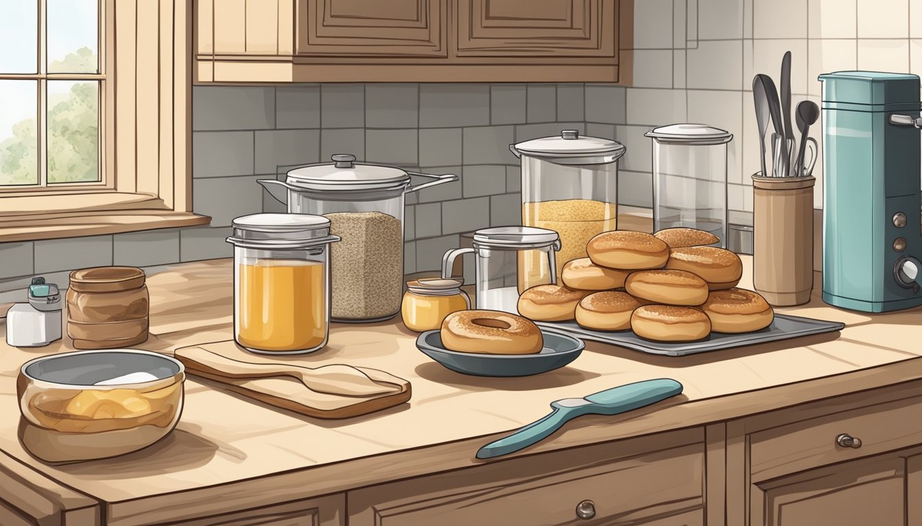 A kitchen counter with ingredients and tools for shaping and cooking sourdough doughnuts