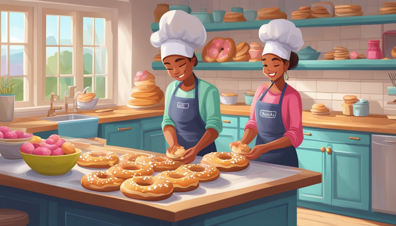 A baker expertly glazes and tops freshly baked sourdough doughnuts with vibrant colors and decorative toppings in a bright and airy kitchen studio