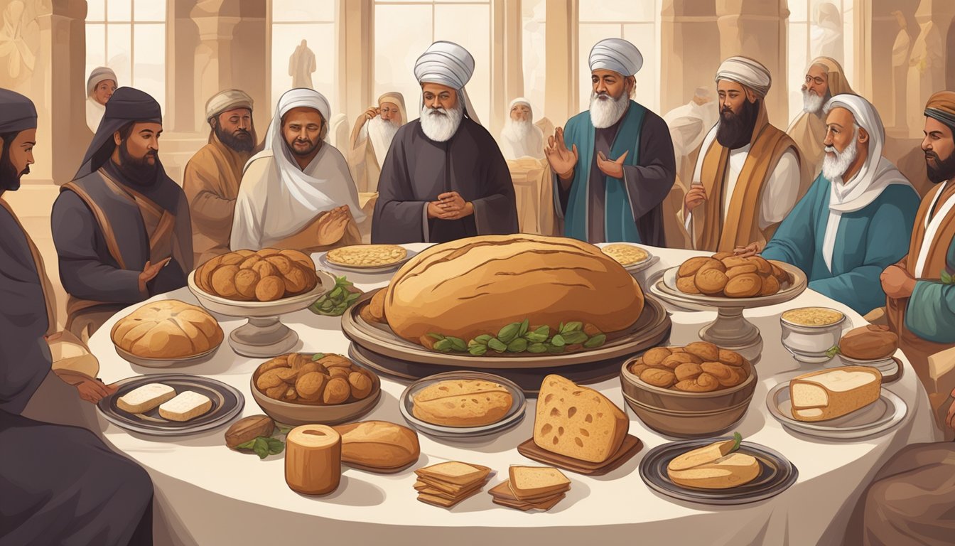 A table set with various religious and cultural symbols, surrounded by people in traditional attire, with a large loaf of sourdough bread as the centerpiece