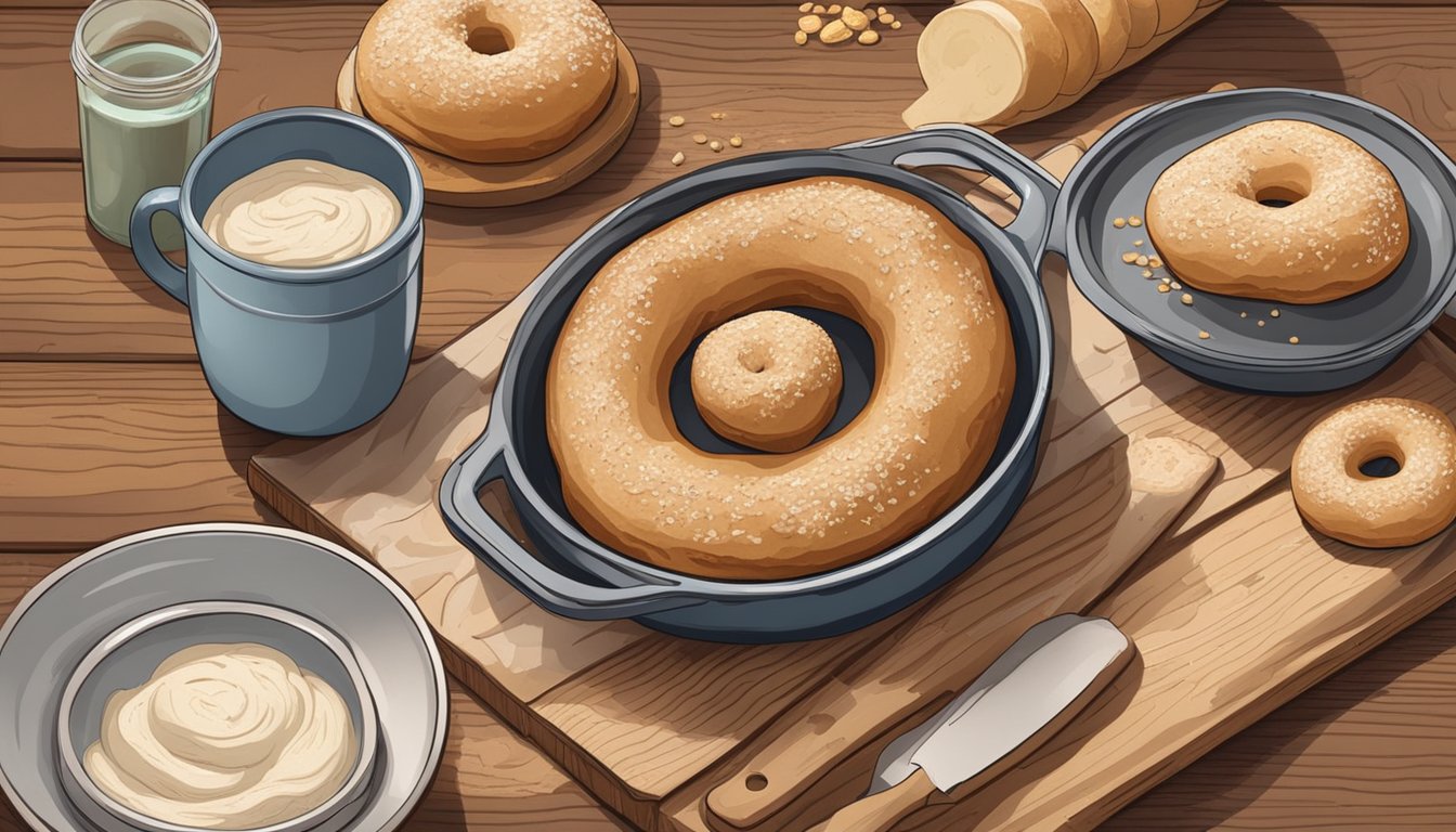 A rustic kitchen table with a wooden cutting board, a bowl of sourdough dough, a rolling pin, and a tray of freshly baked yeast-free sourdough doughnuts