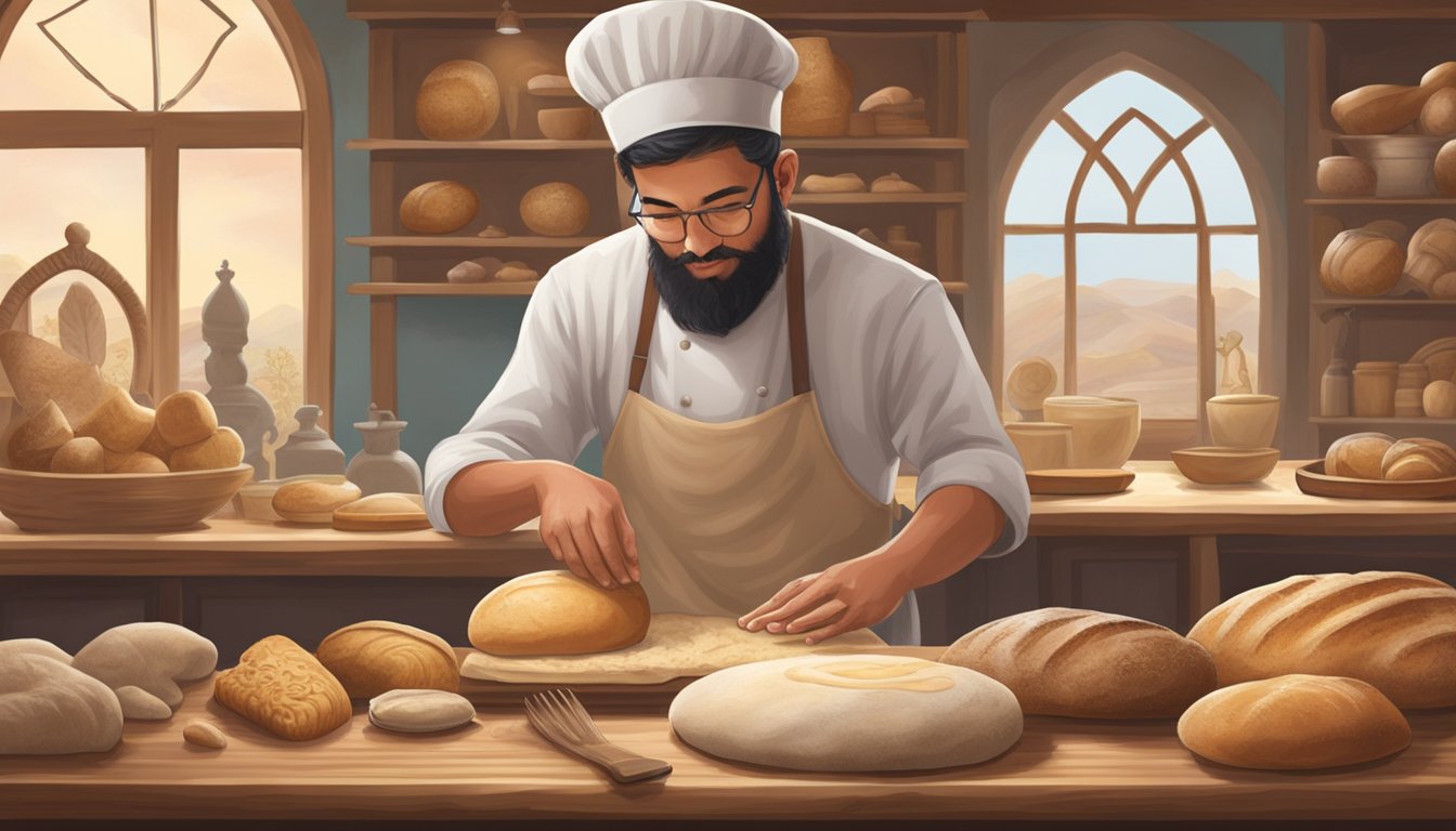 A baker kneading sourdough bread dough in front of a table filled with religious and cultural symbols and artifacts