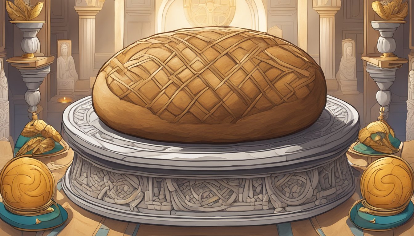 A sourdough loaf placed on a ceremonial altar, surrounded by religious symbols and cultural artifacts