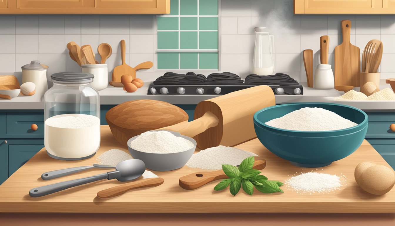 A kitchen counter with a wooden cutting board, a mixing bowl, a rolling pin, and various kitchen utensils. Ingredients such as flour, sugar, and sourdough starter are scattered around