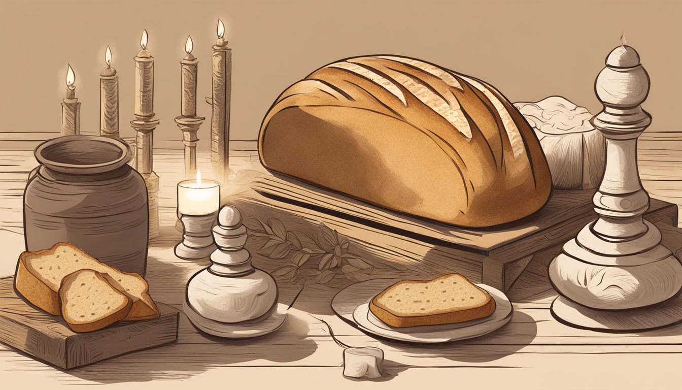 A rustic loaf of sourdough bread placed on a ceremonial altar, surrounded by symbolic objects and incense, with soft light casting warm shadows