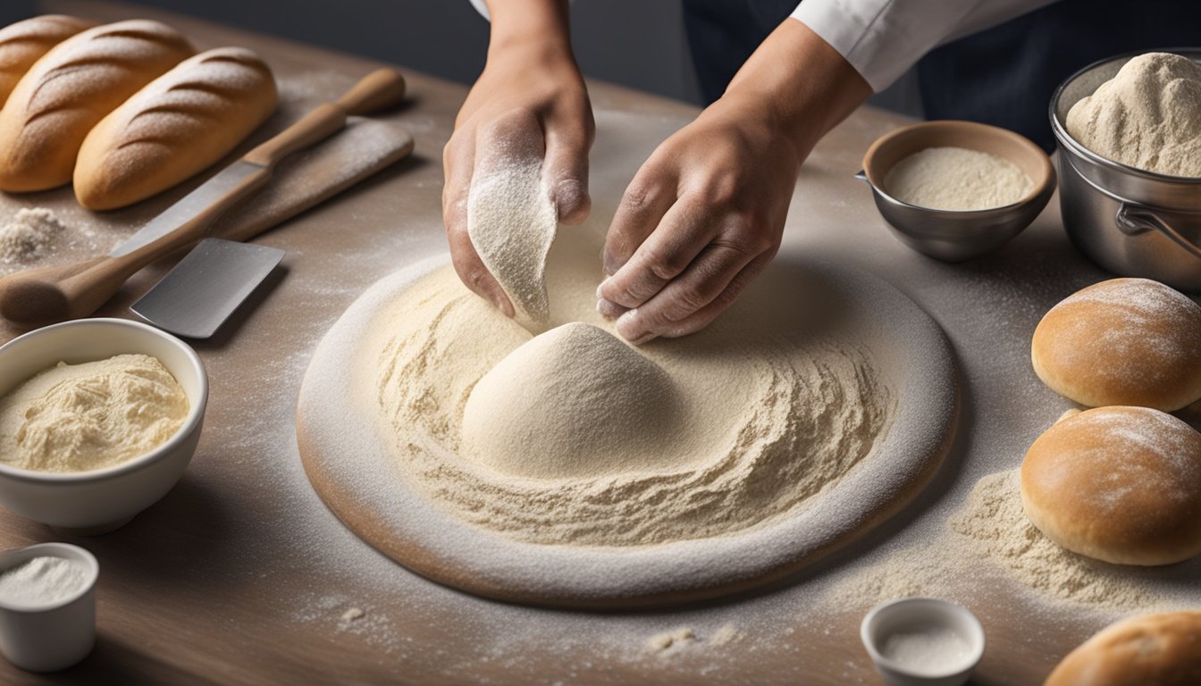 A baker's hands shaping dough on a floured surface, with various bread-making tools and equipment in the background