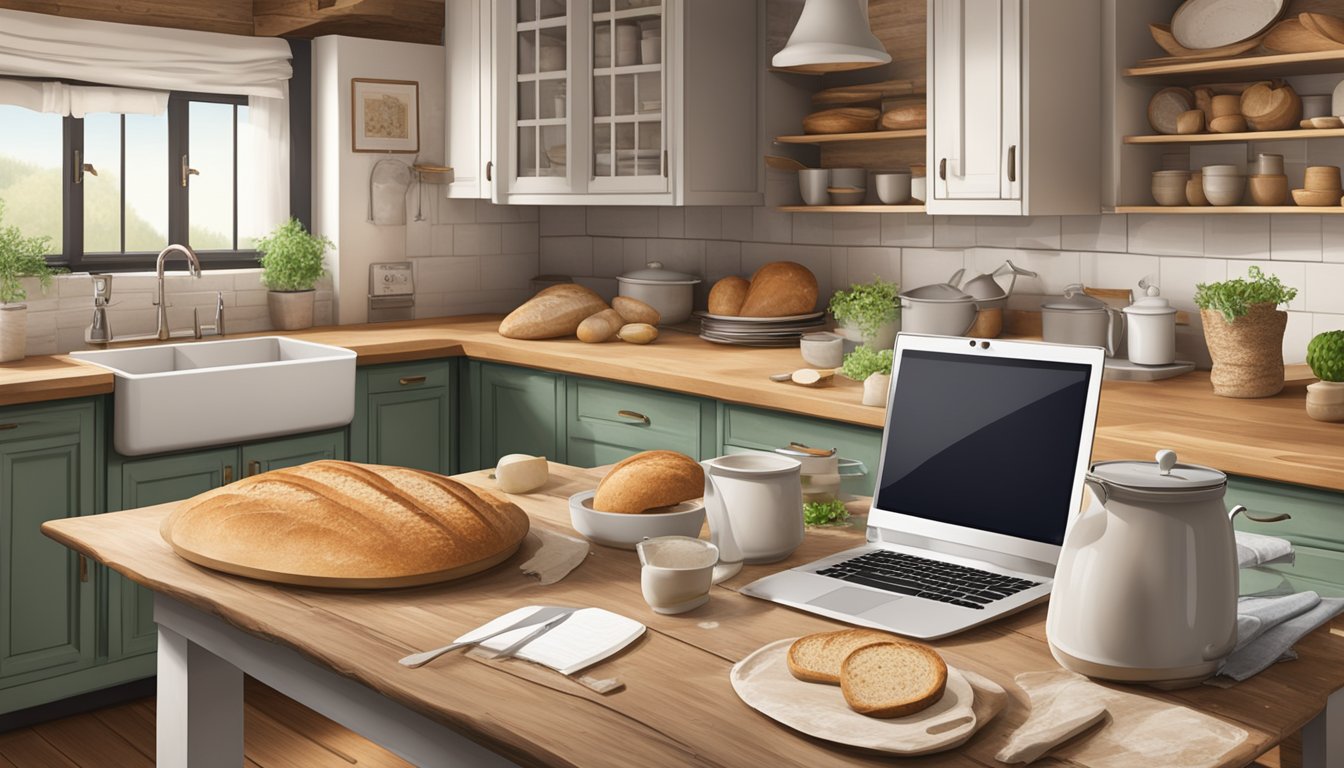 A rustic kitchen with a wooden table, flour-dusted countertops, and a computer displaying online sourdough bread recipes and forums