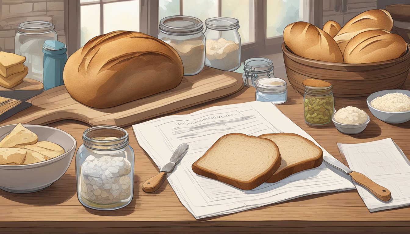 A rustic kitchen table with a loaf of sourdough bread, a jar of probiotic-rich ingredients, and scientific research papers scattered around