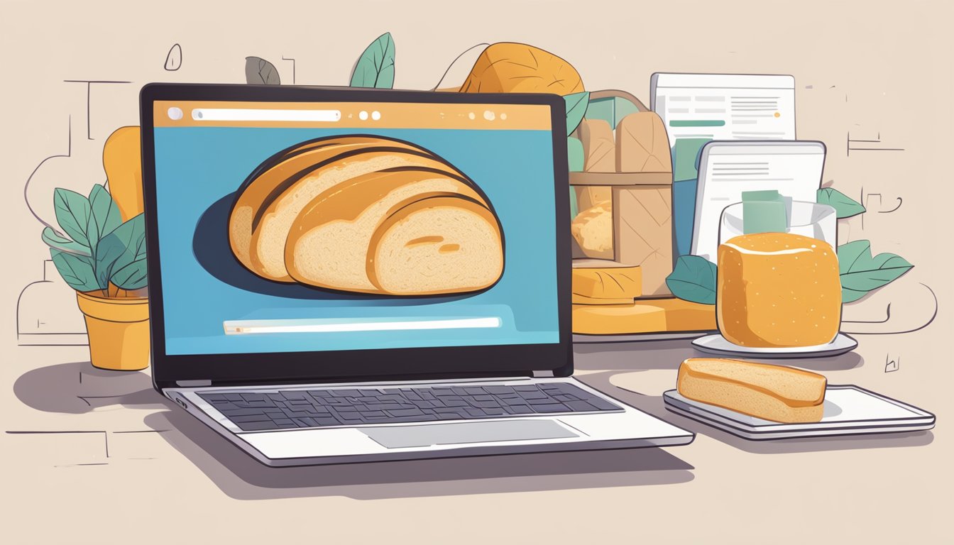 A laptop with a sourdough bread recipe open on a browser, surrounded by various digital resources and online community forums