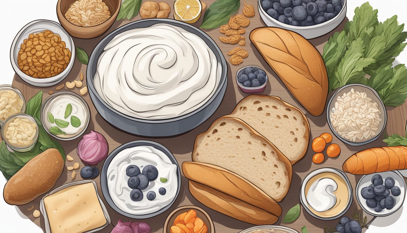 A loaf of sourdough bread surrounded by various probiotic-rich foods like yogurt, kimchi, and kombucha