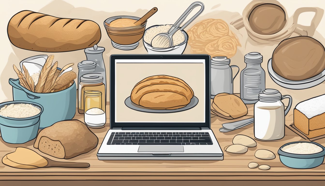 A laptop surrounded by various sourdough-related items like flour, starter, and baking tools, with online sourdough communities and resources displayed on the screen