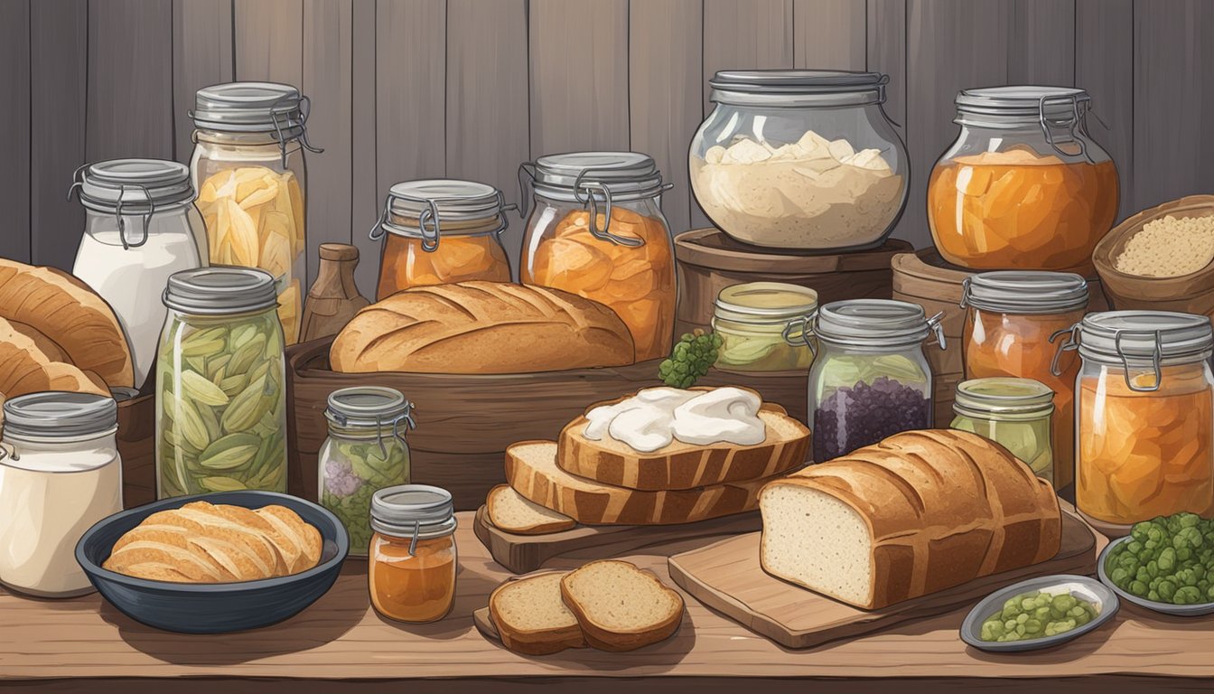 A rustic kitchen table with a loaf of sourdough bread, surrounded by jars of various fermented foods like kimchi, yogurt, and kombucha