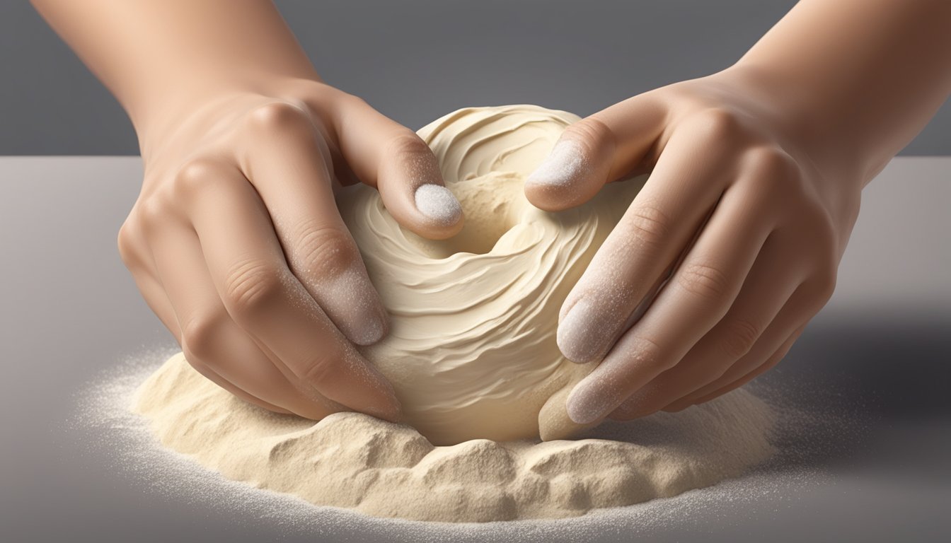 A pair of hands expertly kneads a mound of dough on a floured surface, shaping it into a smooth, elastic ball