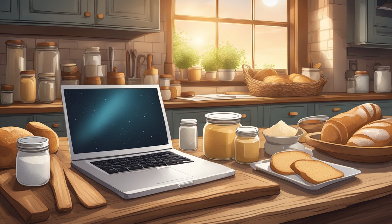 A rustic kitchen table with a laptop open to a sourdough bread recipe, surrounded by jars of starter and flour bags. A warm, inviting glow from the screen