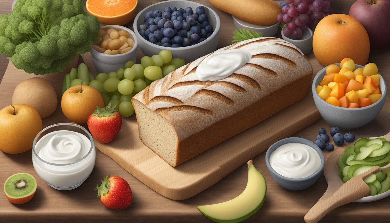 A loaf of sourdough bread sits on a wooden cutting board, surrounded by a variety of colorful fruits, vegetables, and a container of probiotic-rich yogurt