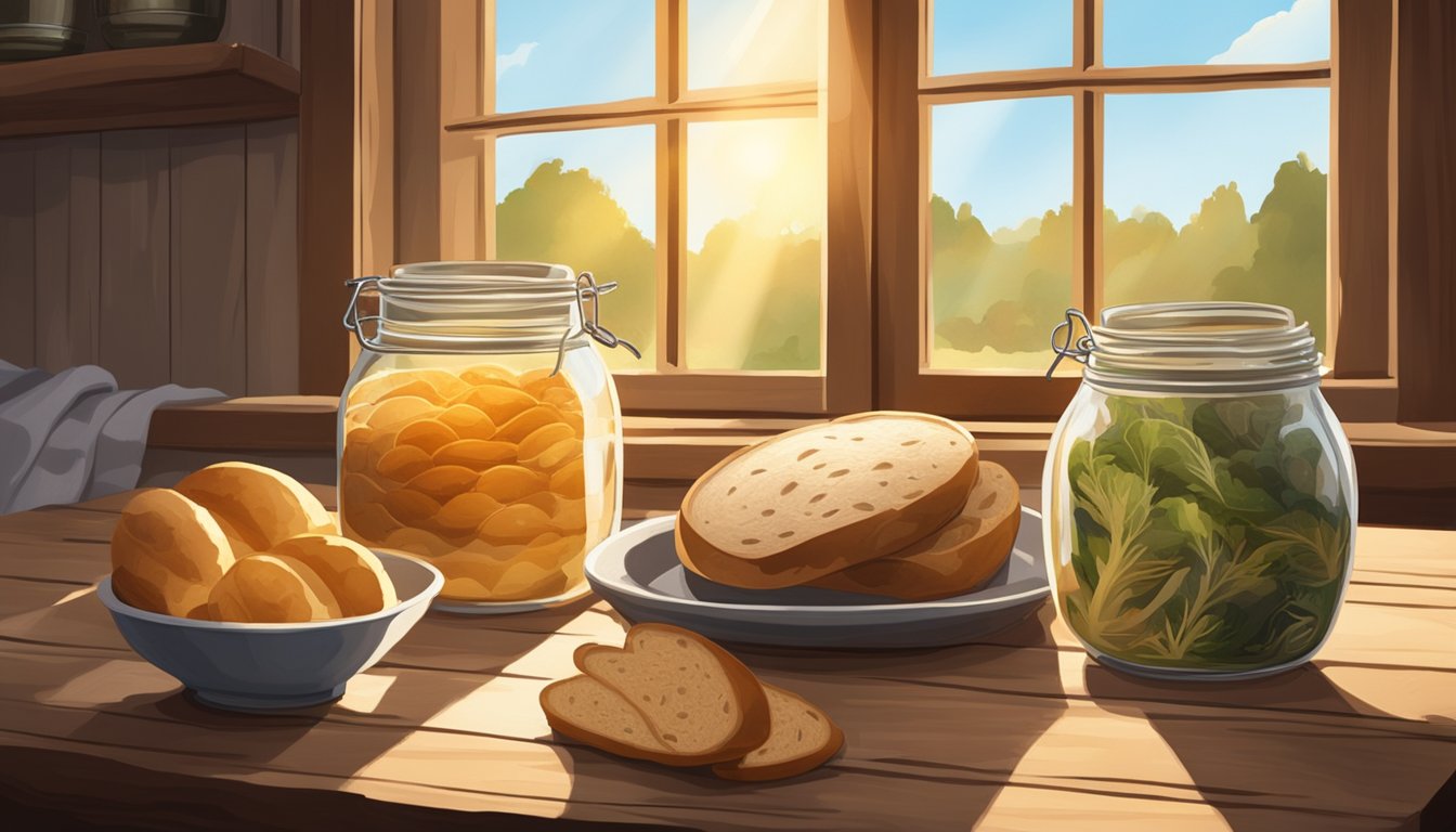 A rustic wooden table displays a loaf of sourdough bread next to jars of fermented vegetables. Sunlight streams through a nearby window, casting a warm glow over the scene