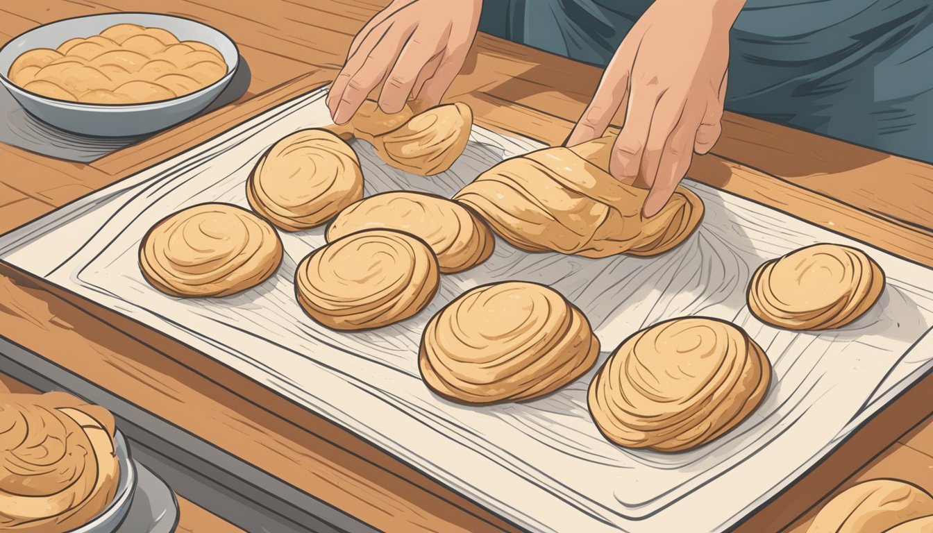 A baker carefully rolling out thin strips of sourdough dough, placing them on a baking sheet, and sprinkling them with flavorful seasonings before baking until crispy