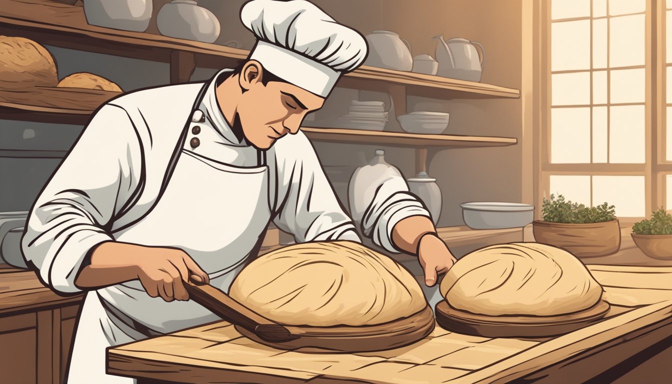 A baker rolls out the sourdough dough, cutting it into thin strips before baking to a golden crisp. The aroma of fresh herbs and garlic fills the air