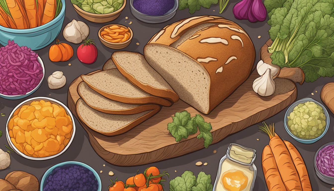 A rustic loaf of sourdough bread surrounded by an array of colorful fermented vegetables, showcasing the vibrant and diverse probiotic-rich ingredients