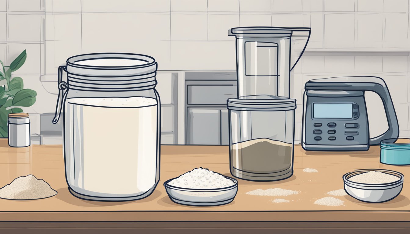 A bubbling jar of sourdough starter sits on a kitchen counter, surrounded by bags of flour and a scale. A pH test strip shows the acidity level