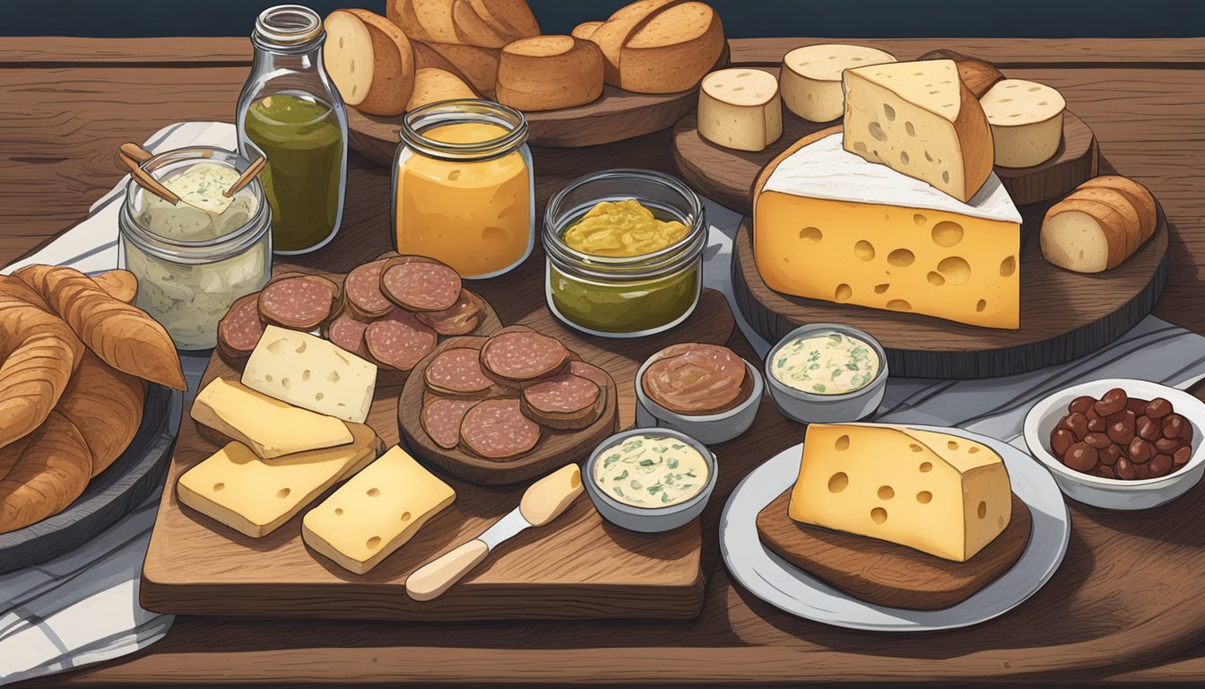 A rustic wooden table adorned with a variety of artisanal cheese, charcuterie, and small jars of flavorful spreads, accompanied by a basket of thin, crispy sourdough breadsticks