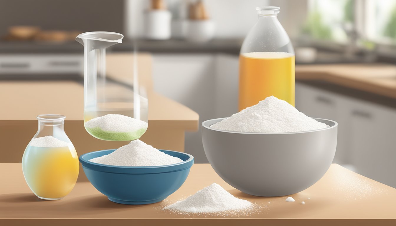 A bowl of flour and water sits on a countertop, bubbles forming as the sourdough starter ferments, illustrating the chemistry of acid development