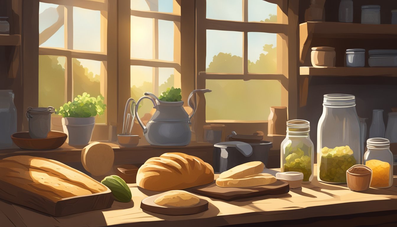 A rustic kitchen table with a loaf of sourdough bread, a jar of fermented vegetables, and various tools for baking and fermenting. Sunlight streams through a nearby window, casting a warm glow over the scene