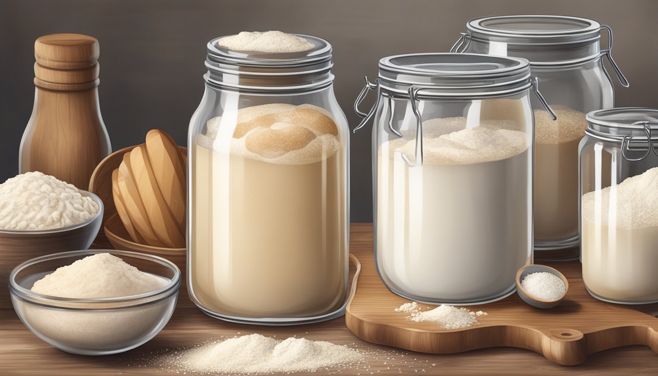 A rustic kitchen with bubbling sourdough starter in a glass jar, surrounded by flour, a mixing bowl, and various ingredients