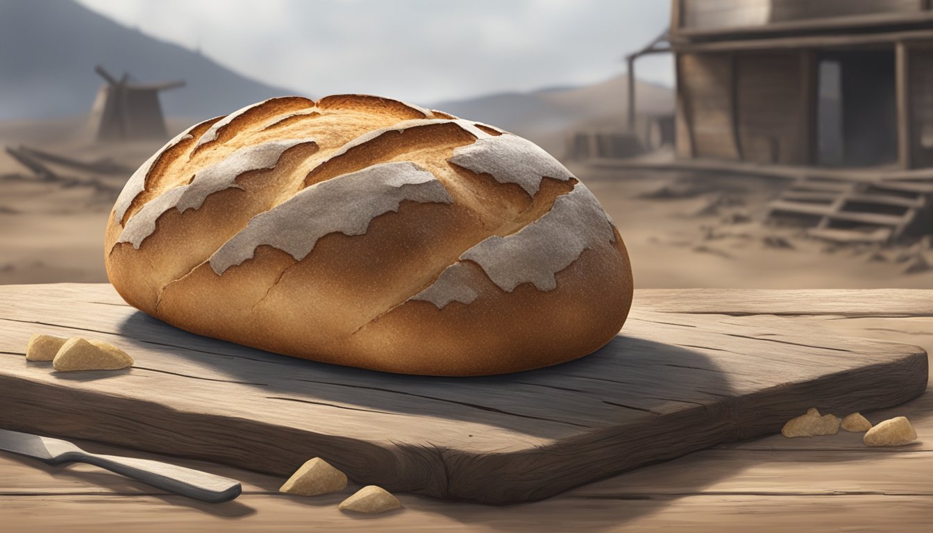 A lone loaf of sourdough bread sits on a weathered table, surrounded by remnants of a desolate, post-apocalyptic world. Its crust is cracked, but the bread remains intact, a symbol of resilience in the face of destruction