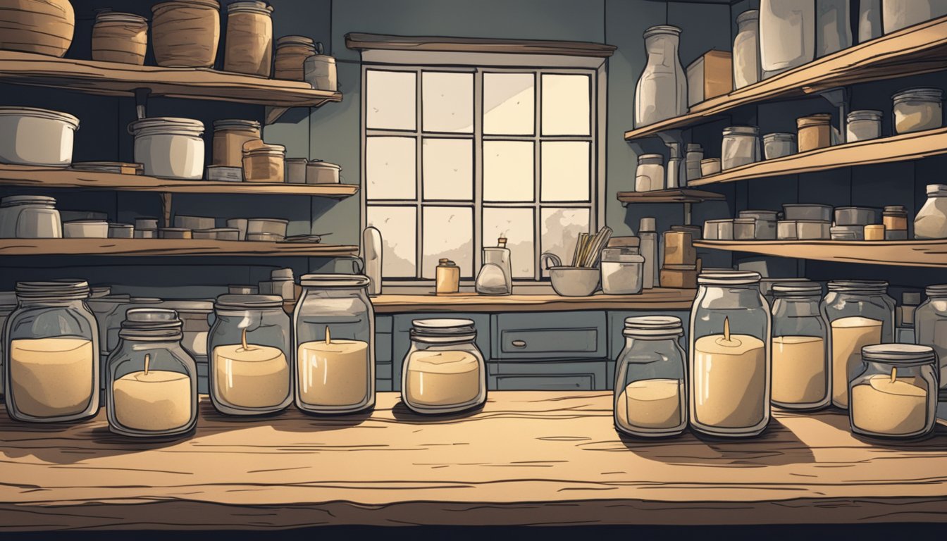 A lone sourdough starter sits on a cluttered kitchen counter, surrounded by empty shelves and flickering candles, as a symbol of resilience in a post-apocalyptic world