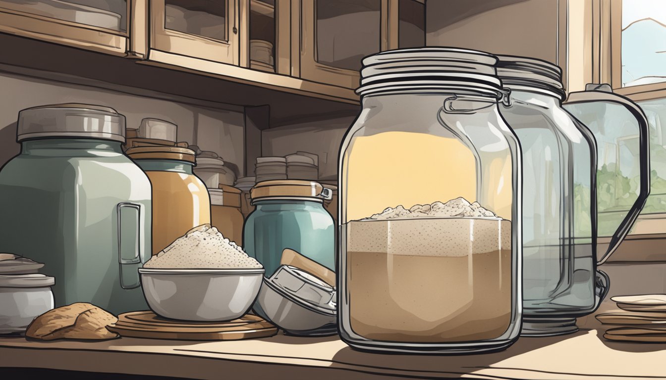 A lone sourdough starter sits in a glass jar on a cluttered kitchen counter, surrounded by empty shelves and abandoned appliances in a post-apocalyptic setting, symbolizing resilience and survival