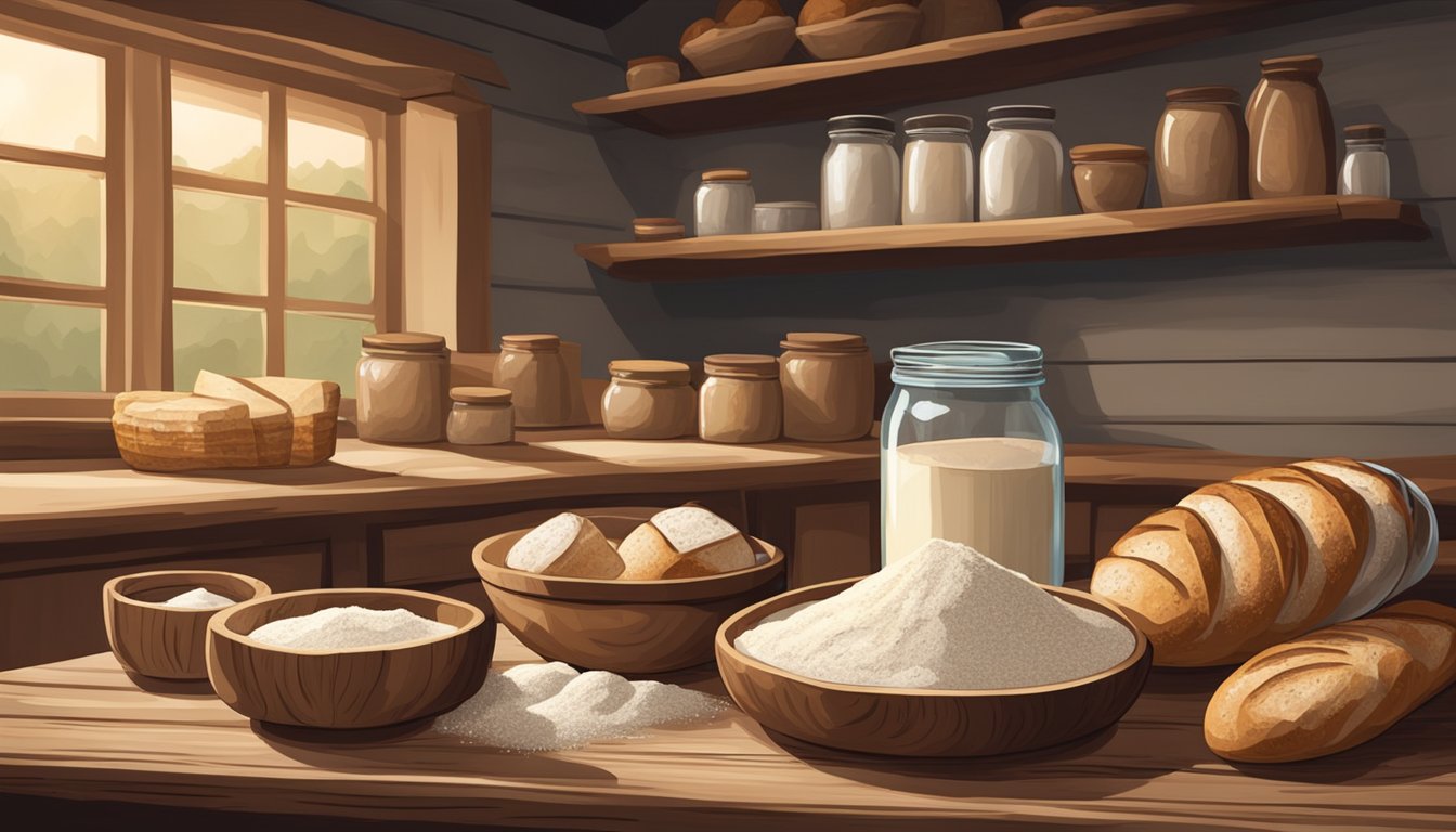 A rustic kitchen with various types of flour, jars of sourdough starter, and freshly baked loaves of sourdough bread on a wooden table