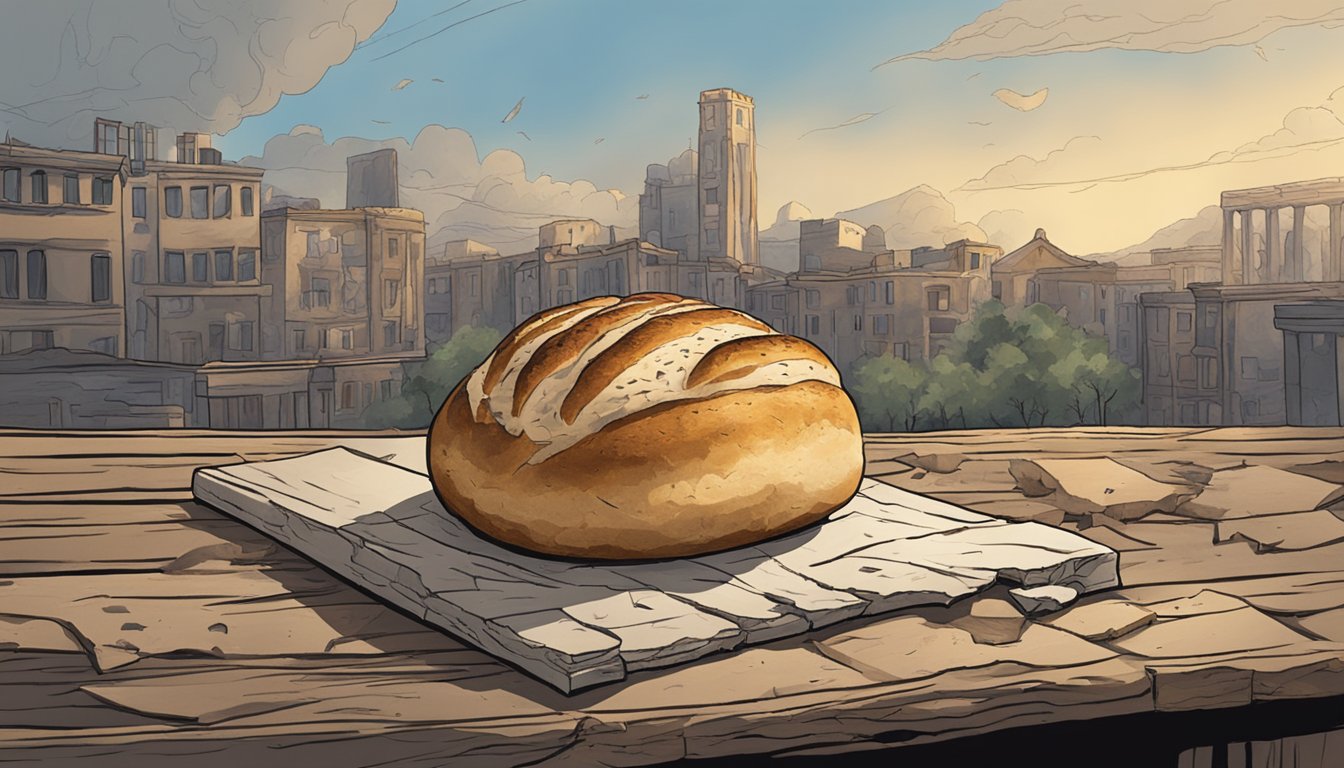 A lone sourdough loaf sits on a weathered table, surrounded by remnants of a destroyed city. The bread symbolizes resilience in the face of apocalyptic events