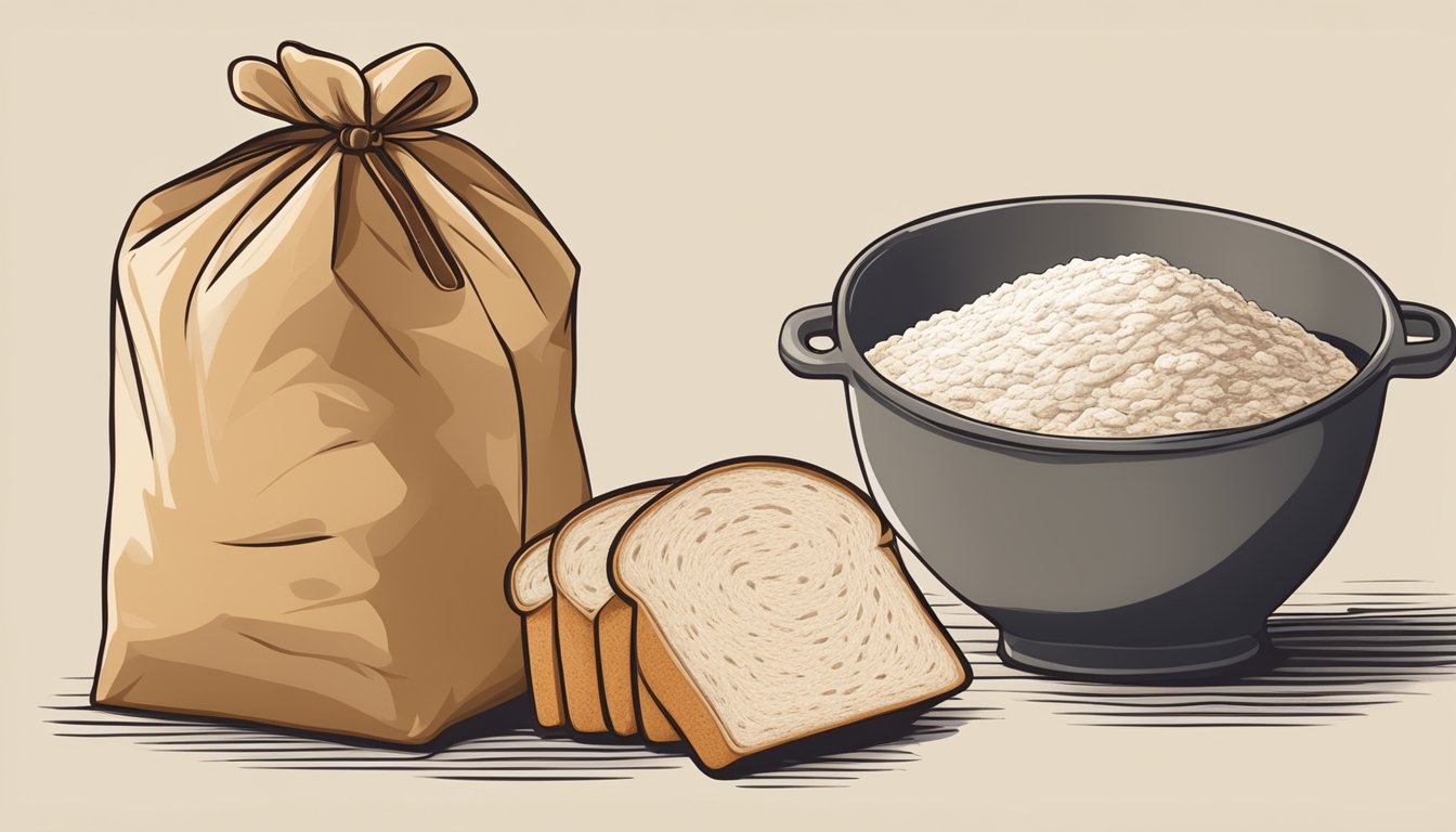 A bag of flour with varying levels of freshness, alongside a loaf of sourdough bread showing differences in texture and rise