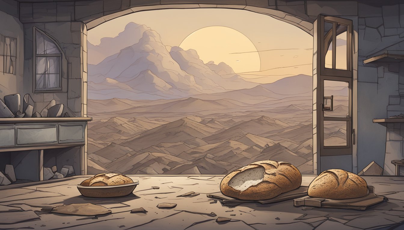 A lone loaf of sourdough bread sits on a desolate kitchen counter, surrounded by remnants of a destroyed world, symbolizing resilience in an apocalyptic setting