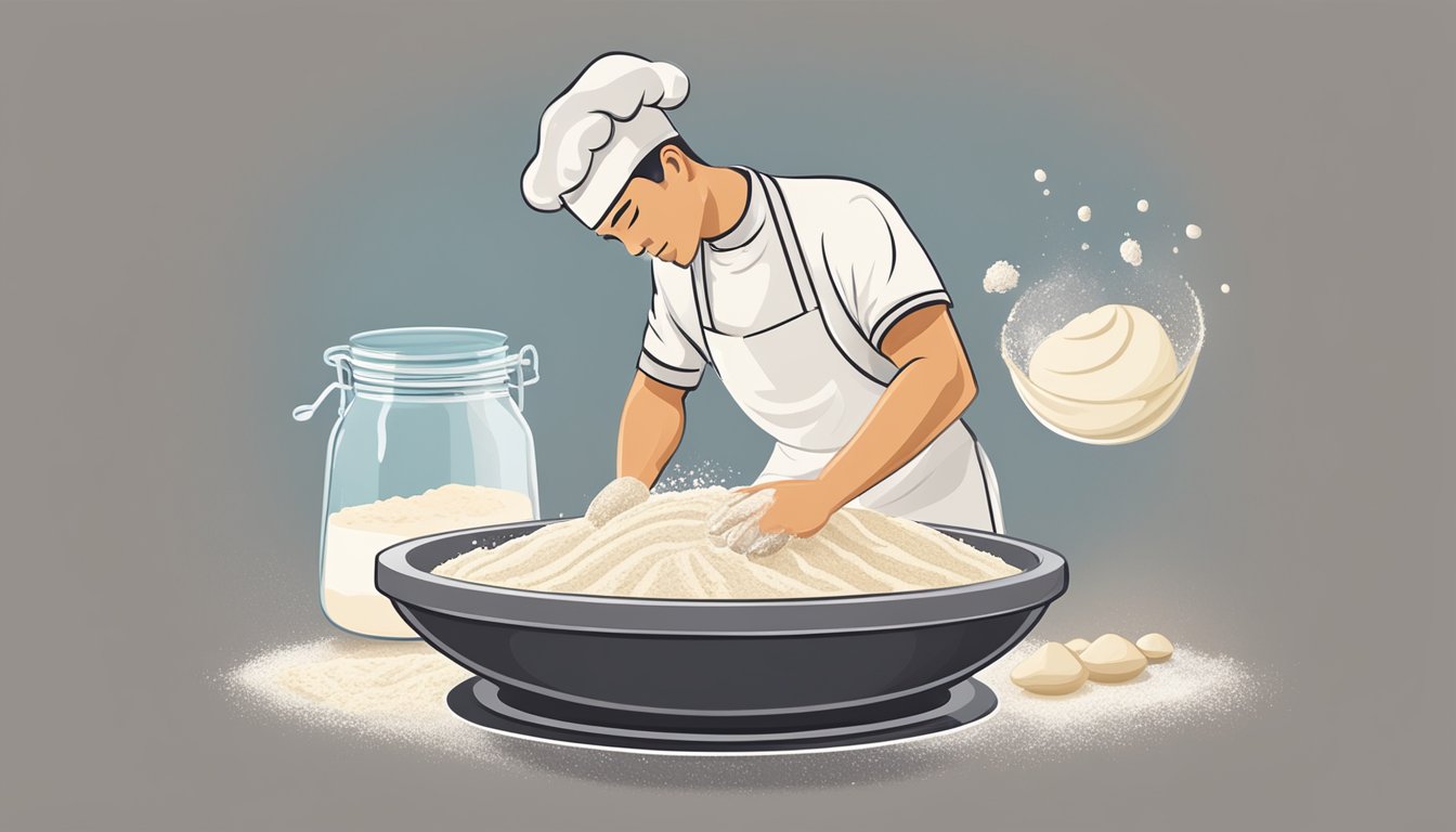 A baker carefully adding water to flour in a mixing bowl, creating a smooth, elastic dough