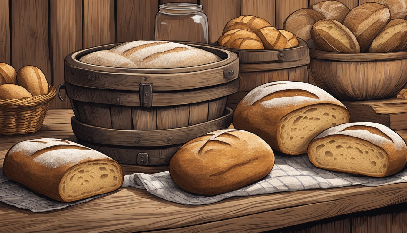 A rustic wooden table with a variety of sourdough bread loaves, showcasing different textures and crust colors. Flour sacks and a vintage scale are in the background