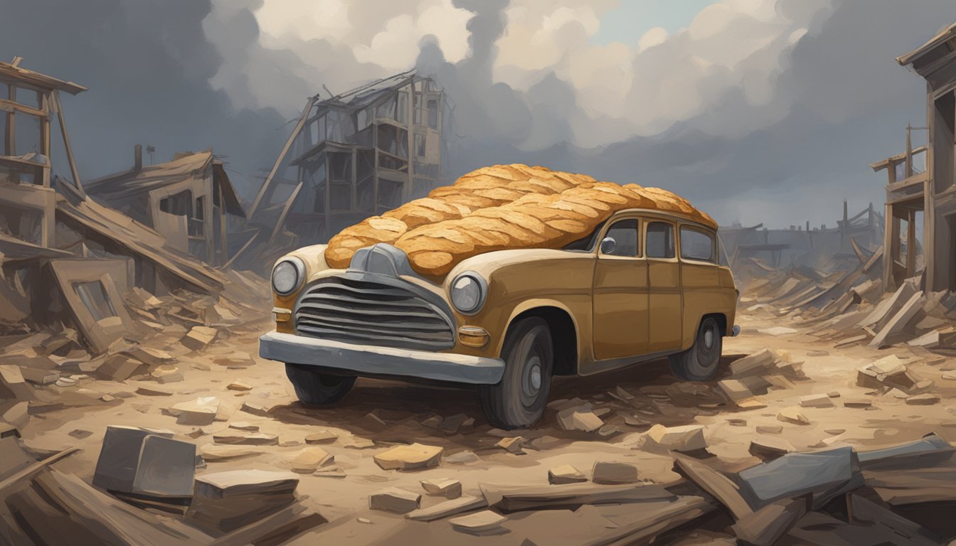 A lone loaf of sourdough sits atop a crumbling, post-apocalyptic landscape, surrounded by debris and destruction. Its golden crust and soft interior serve as a symbol of resilience in a world on the brink of collapse