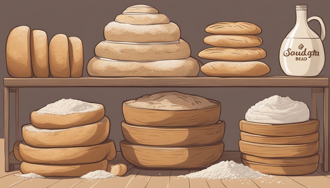 A stack of sourdough bread loaves surrounded by various types of flour, with labels indicating different ages of the flour