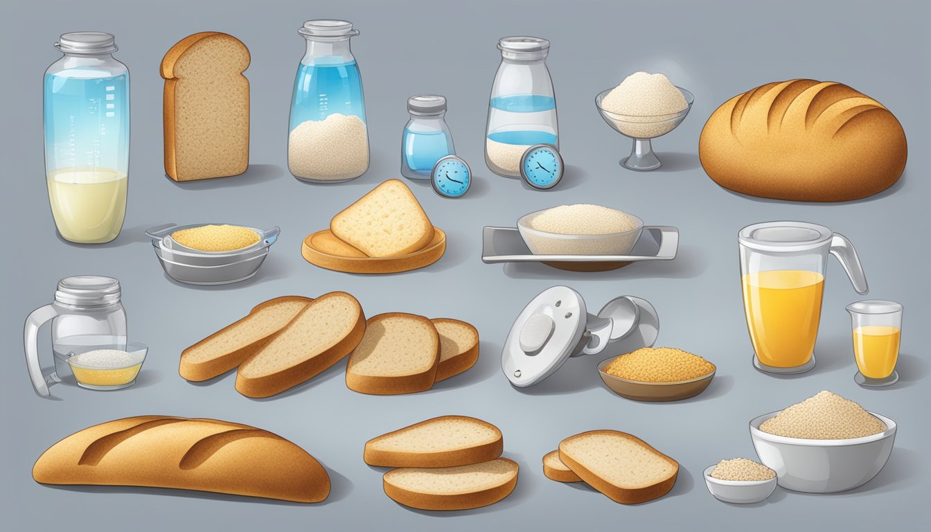 An array of hydration measurement tools and control devices arranged alongside various types of bread showcasing different crumb structures