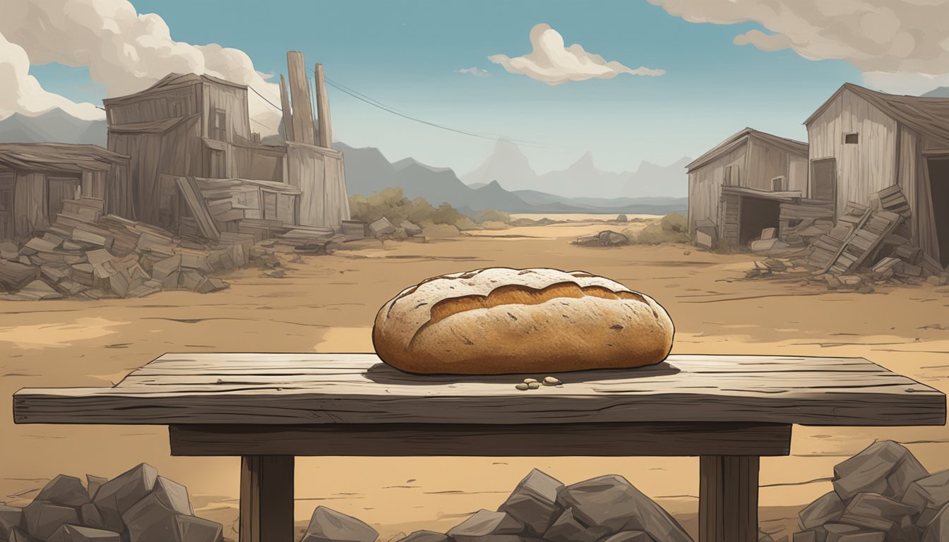 A lone loaf of sourdough bread sits on a weathered table, surrounded by remnants of a post-apocalyptic world. The bread, slightly imperfect but still standing, symbolizes resilience and hope