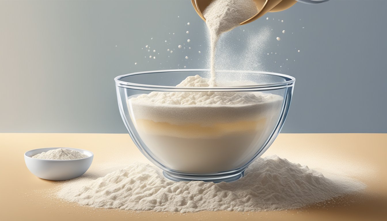 A glass of water being poured into a bowl of flour, creating a dough-like mixture with varying crumb structures