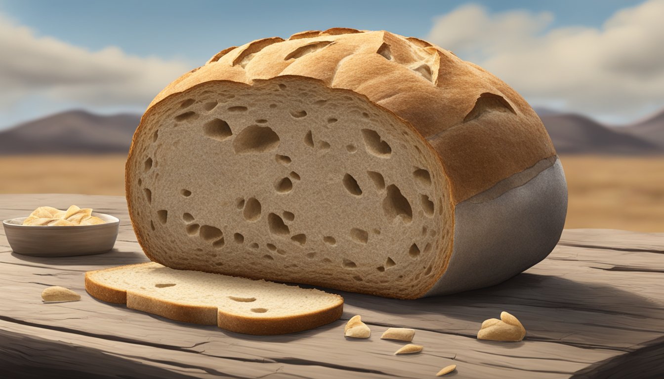 A lone loaf of sourdough sits on a weathered table, surrounded by remnants of a desolate world. Its crust is cracked, but the bread remains whole, a symbol of resilience in a post-apocalyptic landscape