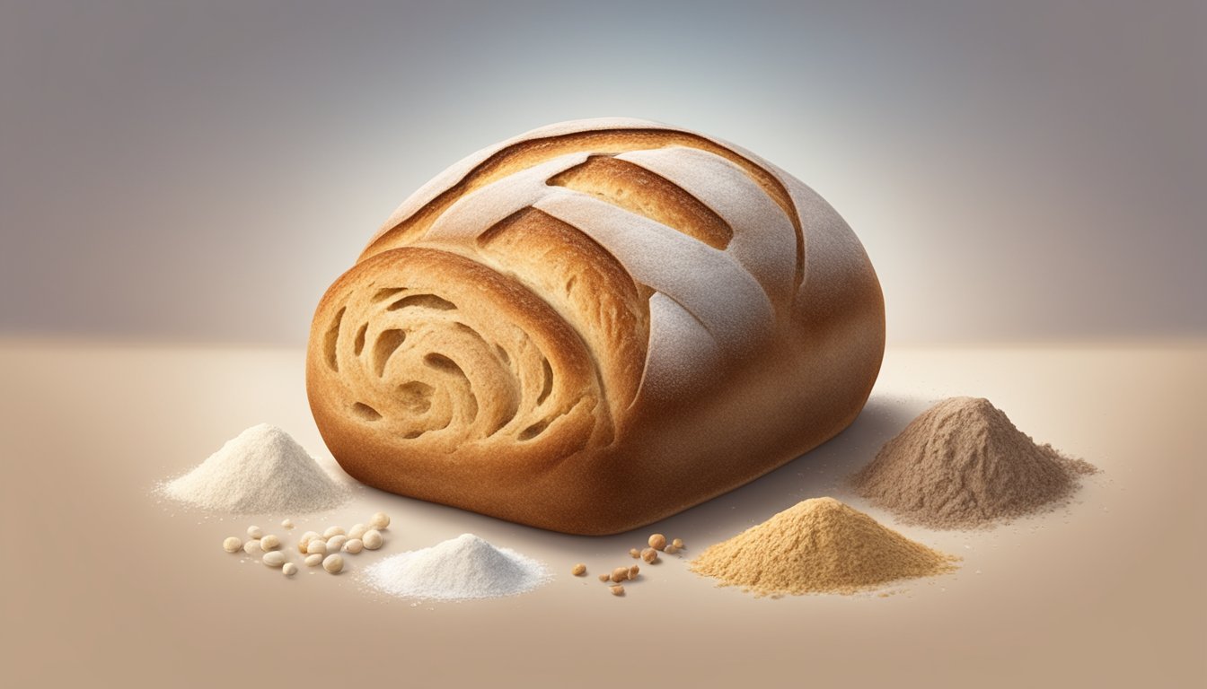 A loaf of sourdough bread surrounded by various types of flour in different stages of aging, with a focus on the texture and color differences