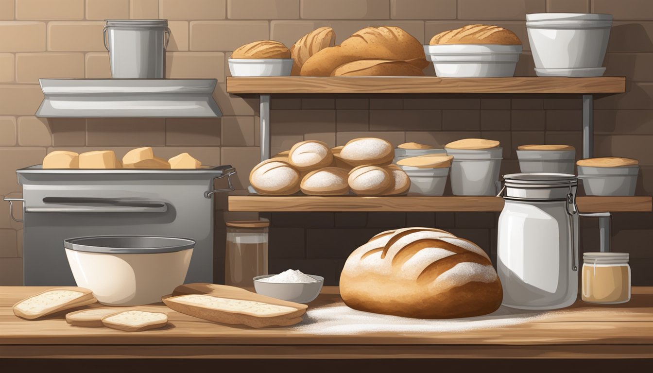 A rustic kitchen with shelves of flour bags, a bowl of sourdough starter, and a freshly baked loaf of sourdough bread cooling on a wire rack