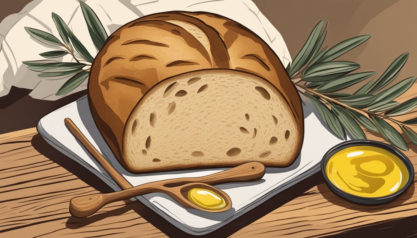 A rustic loaf of sourdough bread sits on a wooden cutting board alongside a small dish of extra virgin olive oil, with a scattering of olive branches in the background