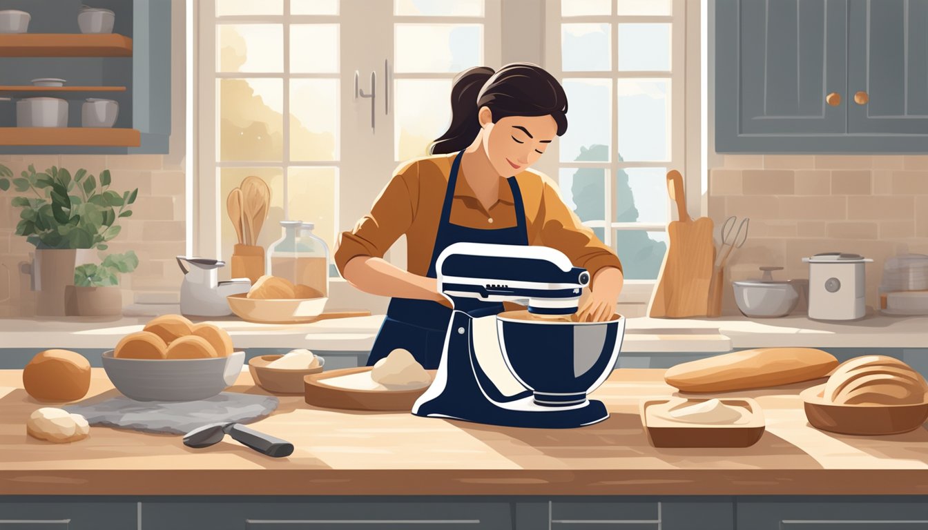 A person kneading sourdough on a well-lit, ergonomic kitchen counter with a standing mixer and various baking tools nearby