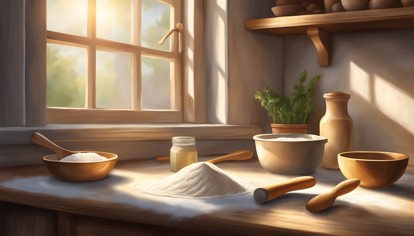 A rustic kitchen scene with a wooden table covered in flour, a rolling pin, and a bowl of sourdough starter. Sunlight streams through a window, casting shadows on the textured surface