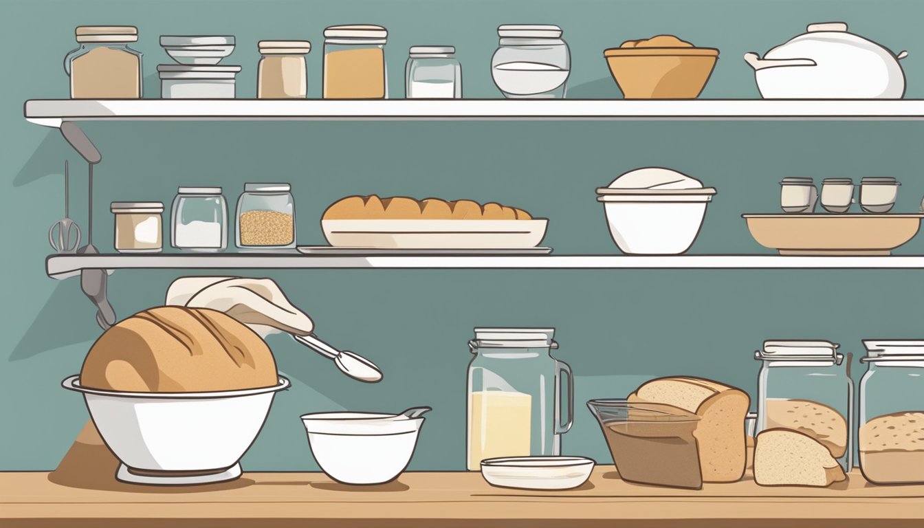 A person reaching for a mixing bowl on a lower shelf while a loaf of sourdough bread rises on the counter. The kitchen is well-organized with ingredients and tools within easy reach