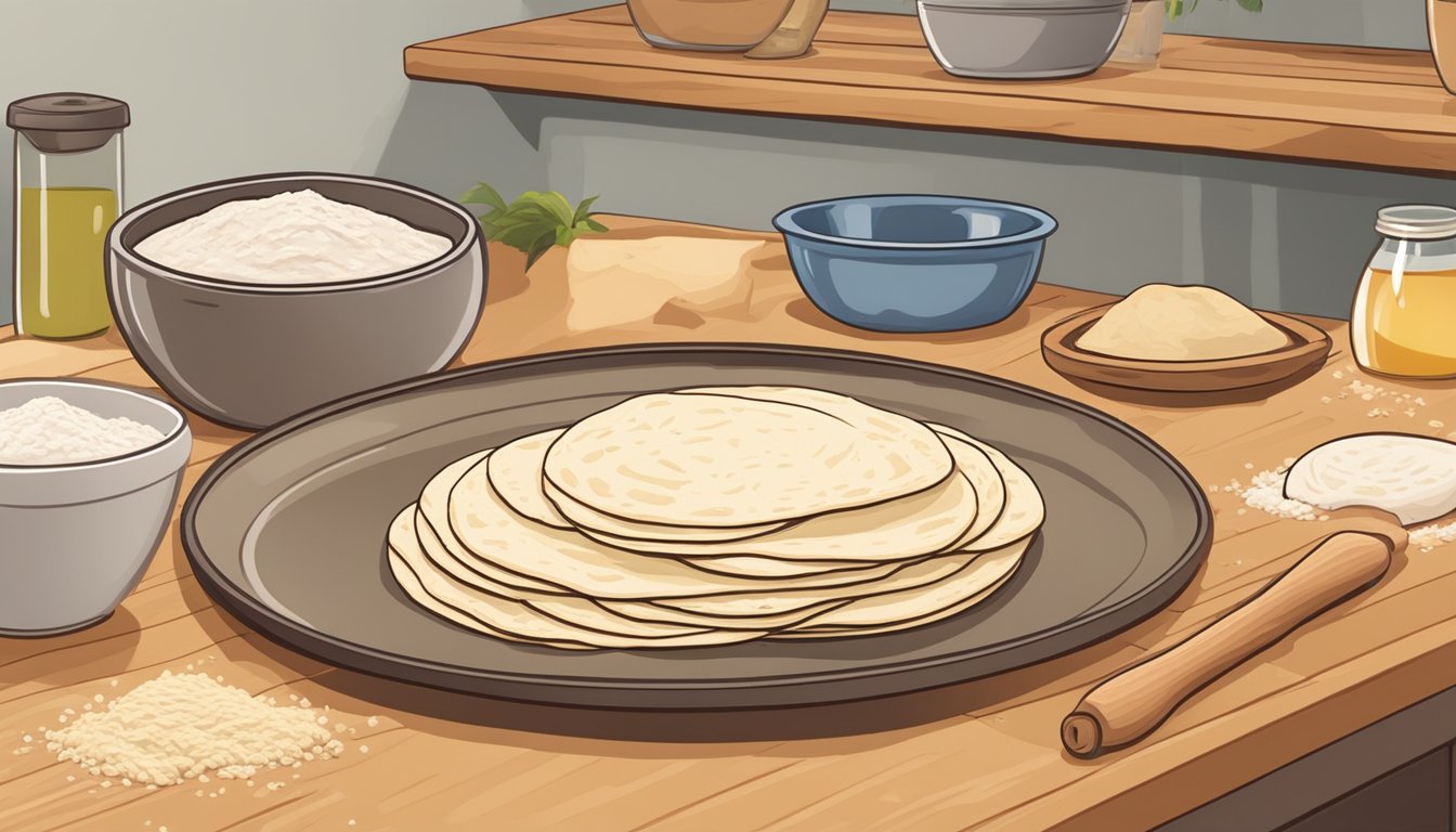 A wooden countertop with scattered flour, a mixing bowl, a rolling pin, and a stack of freshly made sourdough tortillas