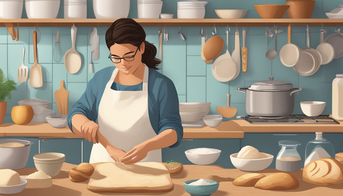 A person standing at a kitchen counter, shaping sourdough bread, with various utensils and ingredients scattered around